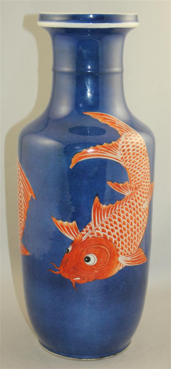 A large Chinese powder blue and iron red rouleau vase, late 19th / early 20th century, 46cm, restored